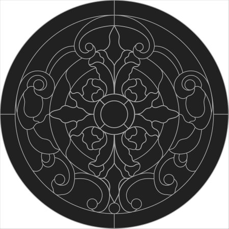 Ceiling circle panels, black stained glass window. Abstract flower, swirls and leaves in round frame, medallion symmetric composition, classic style. Outline vectorのイラスト素材