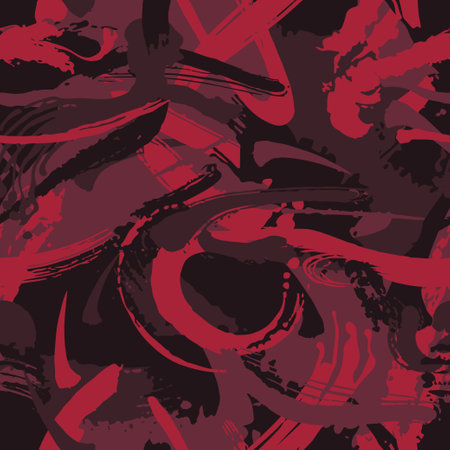 Camouflage modern fashion design. Hand drawn wine camo with brush strokes. Red shade color, fashionable, fabric. Vector seamless grunge patternのイラスト素材