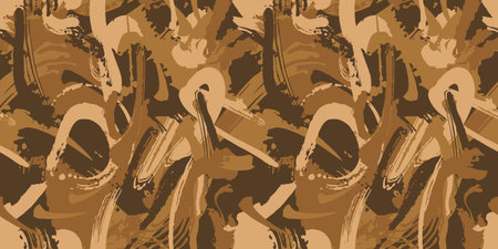 Brown camouflage with dry brush strokes, seamless grunge pattern. Modern military camo texture, fashionable fabric. Desert masking color. Stock vector illustrationのイラスト素材