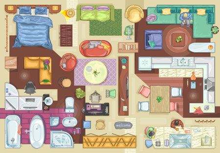 Floor plan icons set for design interior and architectural project (view from above). Furniture colored icon in top view for layout. Cartoon apartment Vectorのイラスト素材