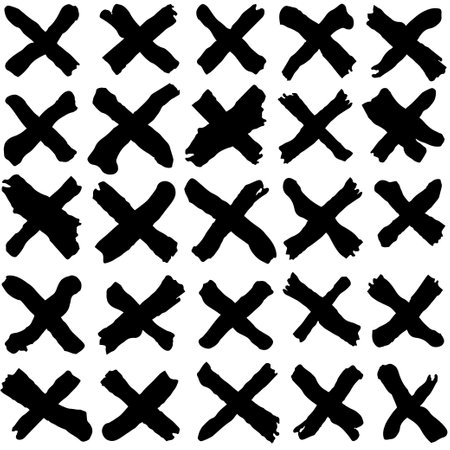 Brush drawn doodle shapes seamless pattern. Dry brush made cross. Background with trendy graffiti style elements. Hand drawn grunge vector monochrome textureのイラスト素材