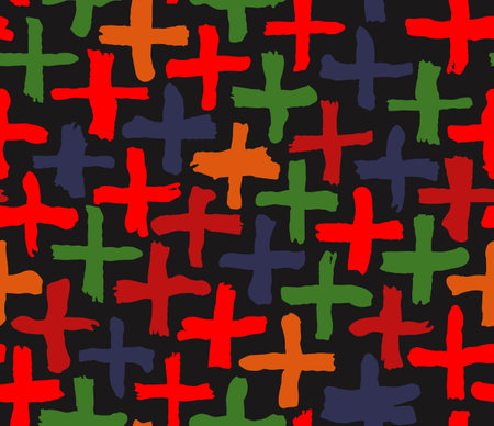 Brush drawn doodle shapes seamless pattern. Dry brush made cross. Urban background with trendy graffiti style elements. Hand drawn grunge vector color textureのイラスト素材