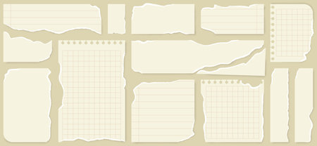 Light beige paper shapes with jagged uneven edges. Torn paper pieces set. Ripped fragments for message label, banner, text box, sticker with overlay shadow effect. Vectorのイラスト素材