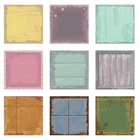 Worn steel banners scratched metal. Background frame in the form of an old iron sheet with shabby edges and worn paint. Vector setのイラスト素材