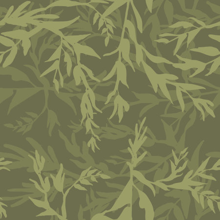 Camouflage plant leaves, hand drawn seamless pattern. Ink texture with tree branches. Camo with twig. Khaki green grunge drawing pattern. Botanical textile, wrapping paper. Vectorのイラスト素材