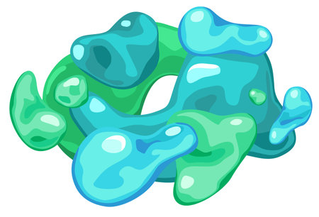 Amorphous shape floating in space. Bubbles of green and blue slime. Banner design, abstract liquid form background. 3d icon. Vector isolated on a white backgroundのイラスト素材