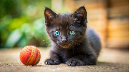 Cute little kitten playing with a ball of yarn in the gardenの素材