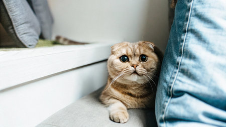 Cute scottish fold cat with blue eyes sitting on sofa.の素材