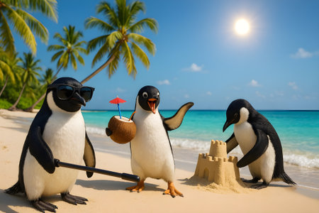 Penguins with sand castle on tropical beach. Caribbean vacation conceptの素材