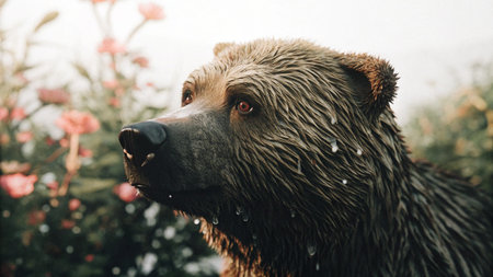 Cute brown bear in the rain. Portrait of a brown bear.の素材