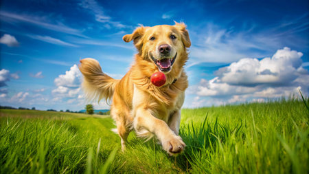 Golden Retriever dog running in the green grass with red ballの素材
