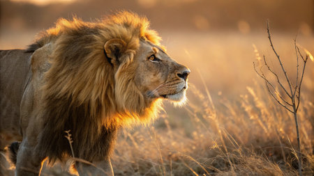 Male lion in the early morning light in the Okavango Delta, Botswana.の素材