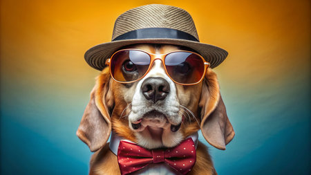 Beagle dog wearing hat, bow tie and sunglasses on blue backgroundの素材