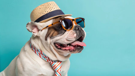 French bulldog wearing summer hat and sunglasses on turquoise backgroundの素材