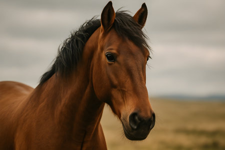 Beautiful brown horse portrait on a cloudy sky background. Close-upの素材