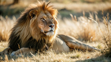 Male lion lying down in the grass in the Kruger National Park, South Africa.の素材
