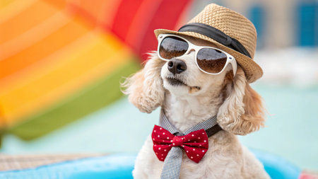 Cute dog in hat and sunglasses on the swimming pool background.の素材