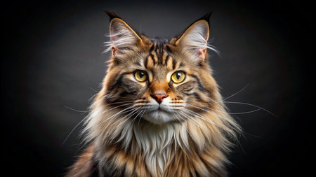 Portrait of a beautiful Maine Coon cat on a black backgroundの素材
