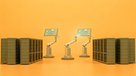 3d rendering of a row of computer servers with a robotic armの素材