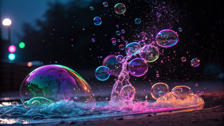 Colorful soap bubbles flying in the dark. Colorful soap bubbles backgroundの素材