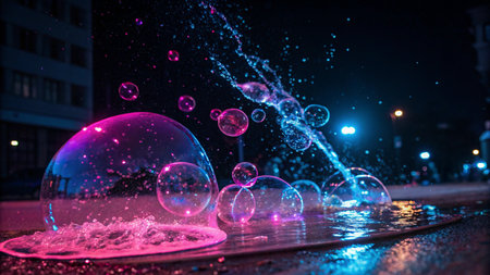 Colorful soap bubbles flying in the air on a dark background.の素材