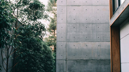 Close up view of modern office building with concrete wall and green plantsの素材