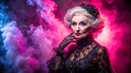 Portrait of an old woman in a carnival costume. Retro style.の素材