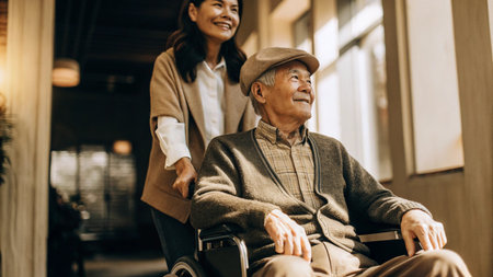 Asian senior man in wheelchair with his caregiver in the background.の素材