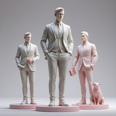 Three models standing on a pink podium. 3d renderingの素材