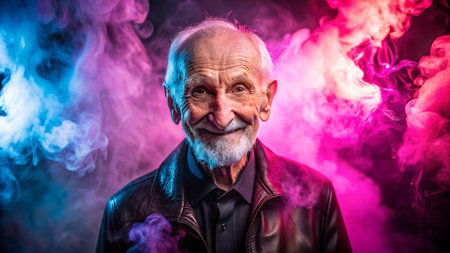 Portrait of an old man in a leather jacket on a background of colored smoke.の素材