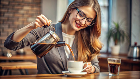 Beautiful young woman in glasses pouring coffee into a cupの素材