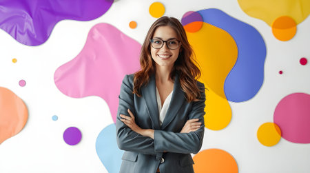 Confident businesswoman in glasses standing with arms crossed against colorful backgroundの素材