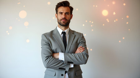 Handsome businessman standing with arms crossed against bokeh lightsの素材
