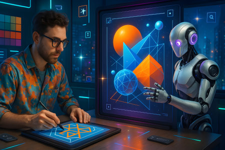 Young man working on a tablet with a hologram and a robotの素材