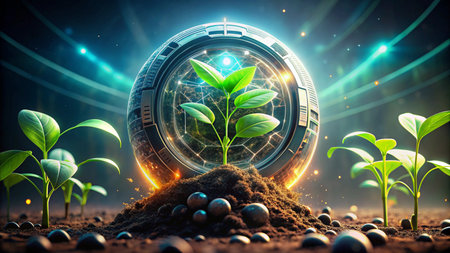 Ethereum coin with a green sprout growing out of the groundの素材