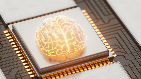 3D illustration of a human brain on a processor with a circuitの素材