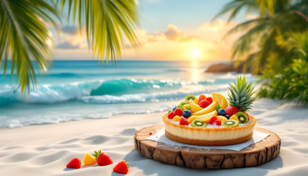 Fruit tart on the sandy beach with palm trees and sea backgroundの素材