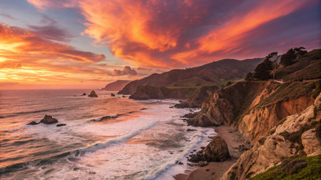 Sunset over the Pacific Ocean in Big Sur, California, USAの素材