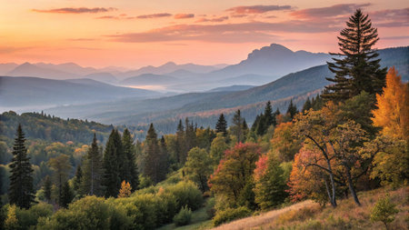 Colorful autumn landscape in the mountains. Sunrise in the mountains.の素材