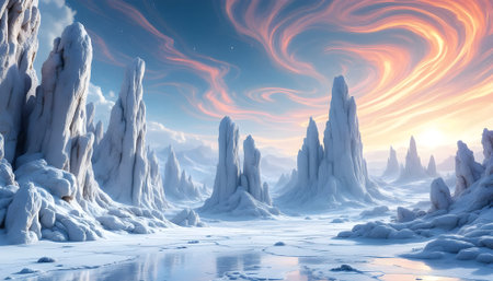 Fantasy winter landscape with ice and snow. 3D illustration.の素材