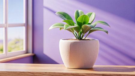 Indoor plant in a pot on a wooden table near the windowの素材
