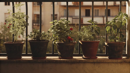 Tomatoes in pots on the balcony. Vintage style. Selective focus.の素材