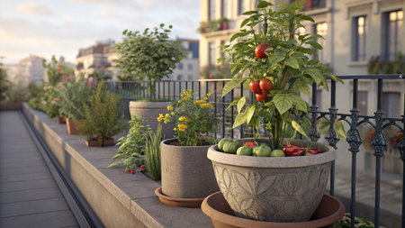 Tomatoes in pots on the terrace of a restaurant in Parisの素材