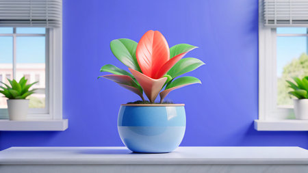 3d render of a flower pot in a room with blue wallsの素材