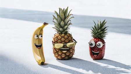 Funny pineapple and banana with funny faces on white background. Creative food conceptの素材