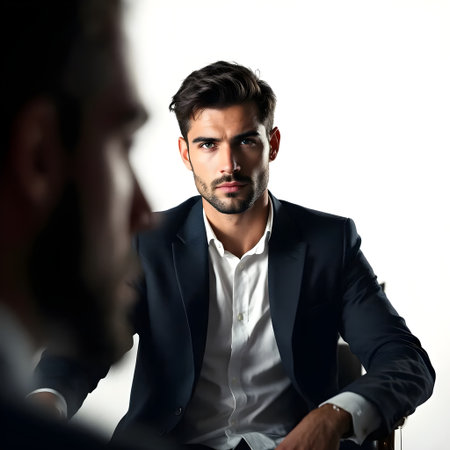 Portrait of a handsome young business man in suit looking at camera while sitting on chair in officeの素材