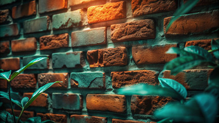 Old brick wall background with green plant. Vintage tone filter effect color style.の素材