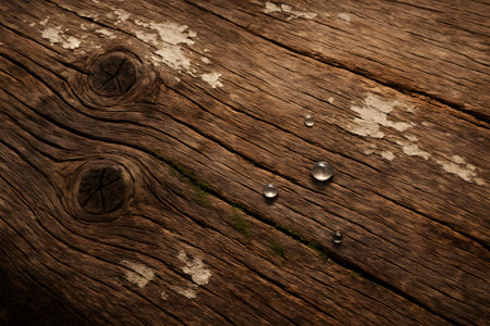Old wood texture with drops of water on it. Toned.の素材