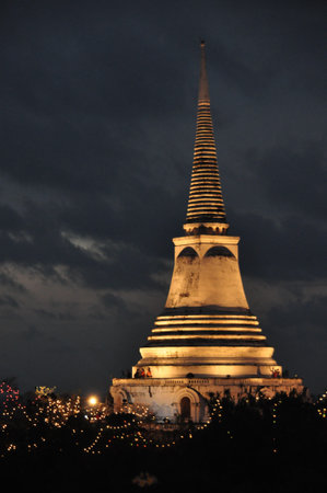 Temple on mountain top at Khao Wang Palace during festival, Petchaburi, Thailandの写真素材
