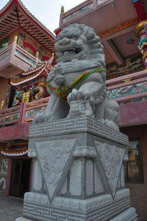Lion statue in Chinese shrine,Chonburi,Thailandの写真素材